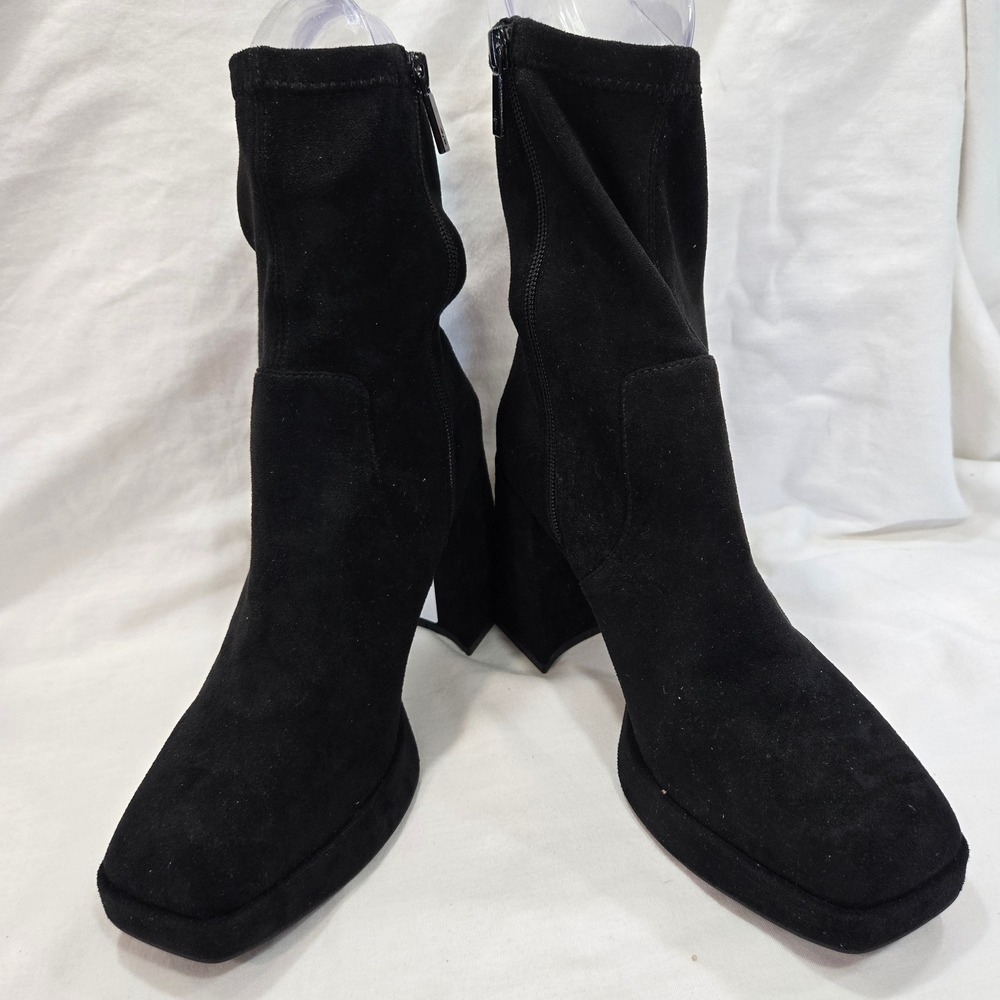 Kenneth Cole Reaction Black Suede Heeled Boots Platform Square Toe Womens 8.5